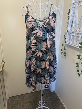 Roxy Tropical Palm Print Mini Dress in Black, Pink, Teal